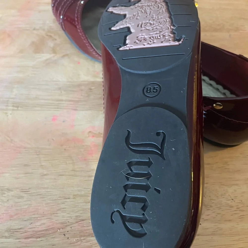 Juicy Couture Patent Leather Maroon Flats with Gold Accent - Picture 12 of 12